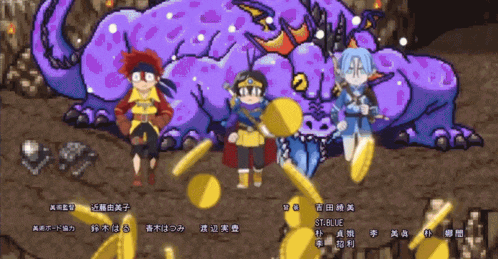 a group of cartoon characters standing in front of a purple monster