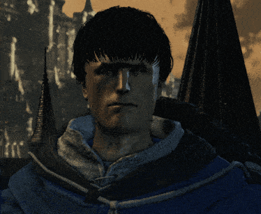 a man in a blue jacket is standing in front of a castle