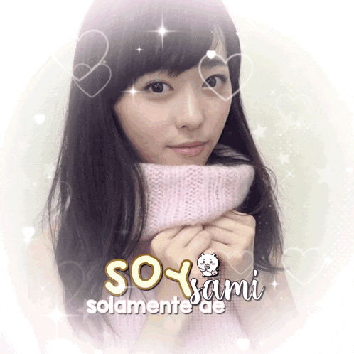 a woman wearing a pink scarf is surrounded by hearts and says soysami