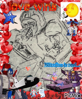 a drawing of a man with the words love wins blitzfire is real on the bottom