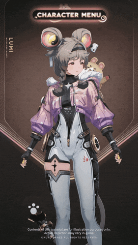 a character menu for a video game shows a girl named lumi