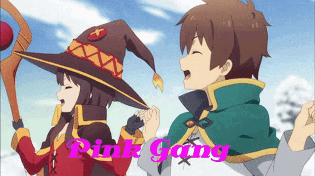a couple of anime characters are standing next to each other and the words pink gang are on the bottom