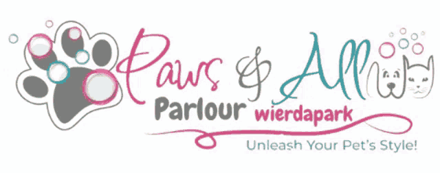 a logo for a pet grooming company called paws & all paws