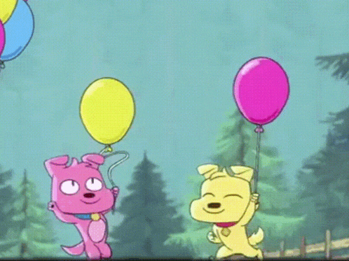 a group of cartoon characters are holding balloons