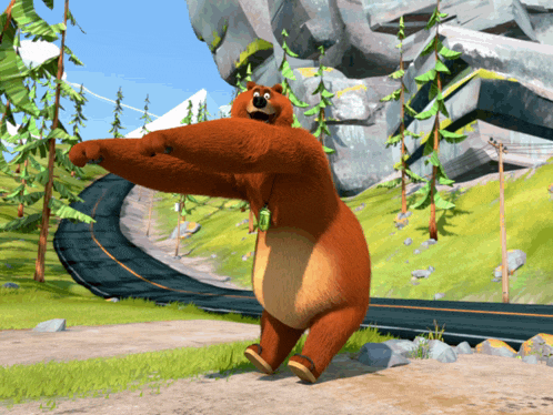 a cartoon bear is dancing on a road in the woods