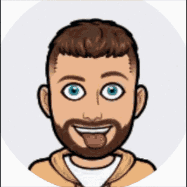a cartoon man with a beard is sticking his tongue out .
