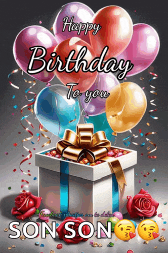 a birthday card for son son with balloons and presents