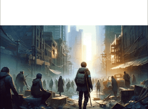 a man with crutches stands in a crowd of people walking down a city street