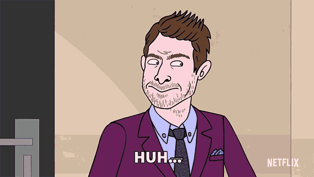 a man in a purple suit and tie says huh