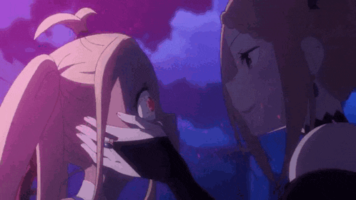 two anime girls are standing next to each other and one of them is covering her eyes with her hand .