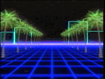 a computer generated image of palm trees and a blue and black grid