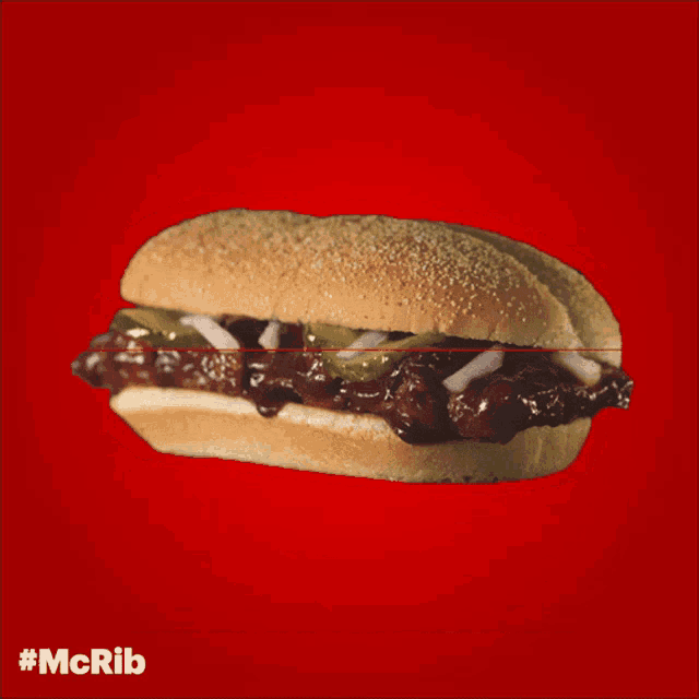 a bunch of sandwiches on a red background with the hashtag #mcrib on the bottom