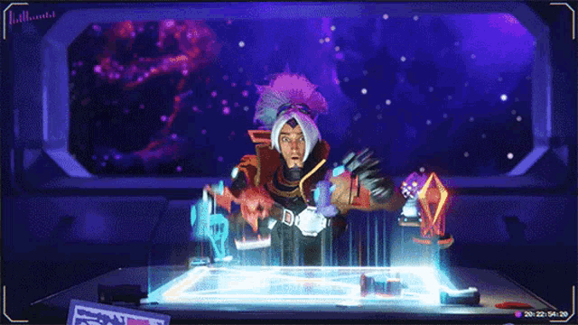 a man in a futuristic outfit is standing in front of a screen that says 20 : 22 : 04 : 20