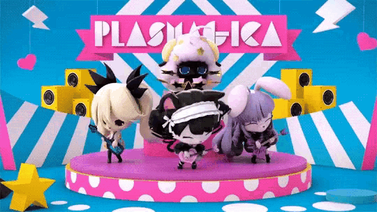 a group of cartoon characters standing on a stage under a plasma-ica banner