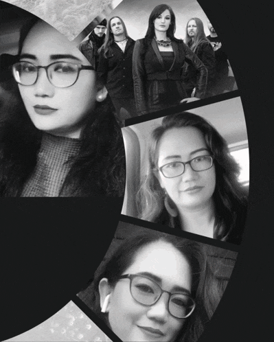 a black and white photo of a woman with glasses and a group of people in the background