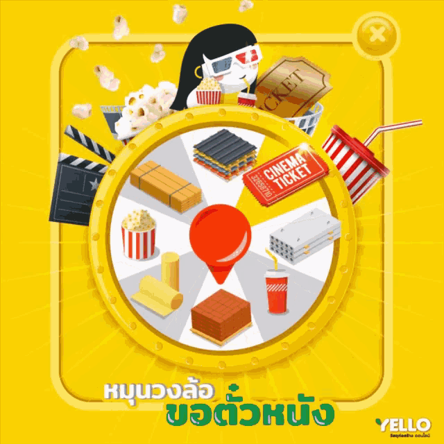 an advertisement for yello shows a spinning wheel with popcorn and a ticket