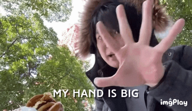 a woman making a stop sign with her hand and the words my hand is big
