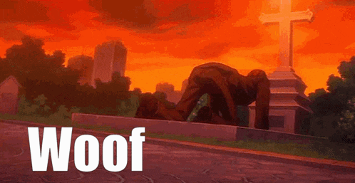 a man is kneeling in front of a cross in a cemetery and the word woof is visible