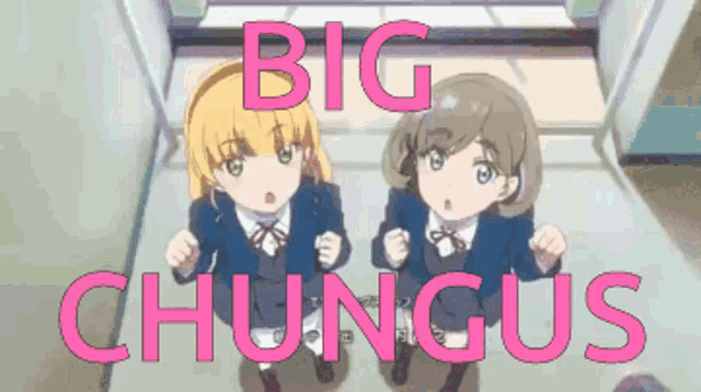 two anime girls are standing next to each other with the words big chungus in pink