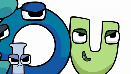 a cartoon drawing of a blue circle and a green u with angry faces