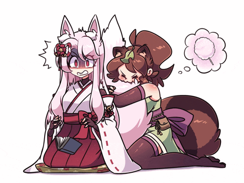 a cartoon drawing of a fox and a squirrel with cotton candy in a thought bubble