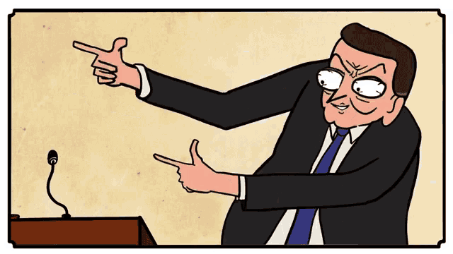 a cartoon of a man in a suit and tie giving a speech