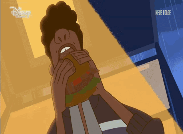 a cartoon of a man eating a hamburger with disney written on the bottom