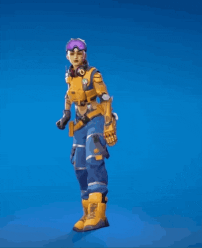 a person in a yellow and blue outfit is dancing in front of a blue background