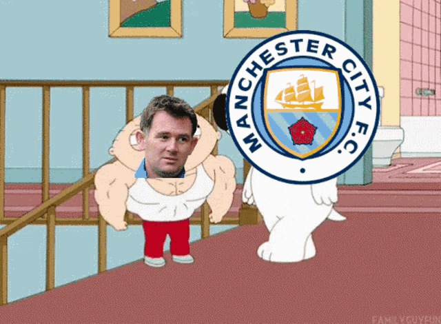 a cartoon of a man being lifted by a manchester city fc emblem