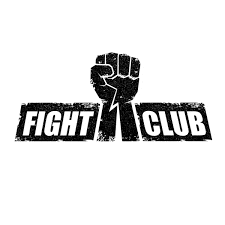 a black and white logo for a fight club with a fist in the center .