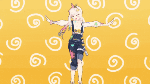 a girl in overalls is standing in front of a yellow background with white spirals