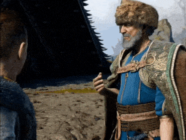 a man with a beard wearing a fur hat and a blue shirt is talking to another man