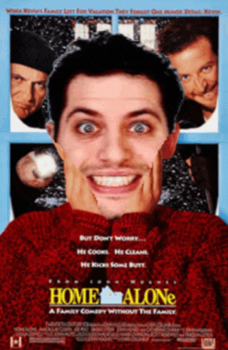 a movie poster for home alone with a man 's face cut out