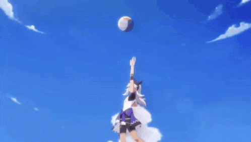 a girl with white hair is standing in front of a blue sky with her arm in the air .
