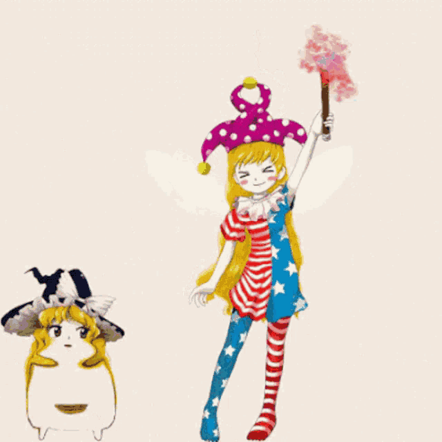 a cartoon of a girl in a striped dress holding a flower in her hand