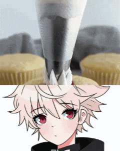 a picture of a cupcake being frosted next to a drawing of a girl with red eyes