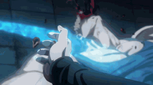 a person holding another person 's hand with a blue light coming out of it
