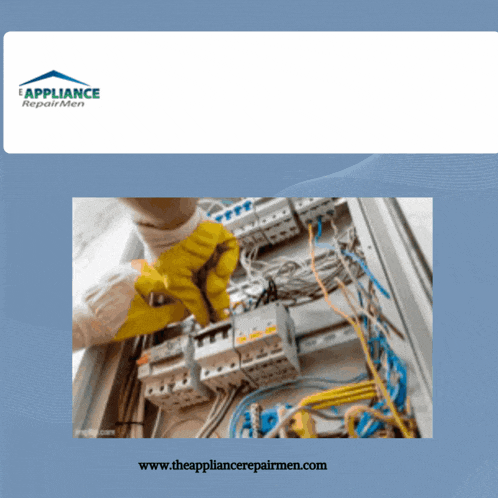 an advertisement for appliance repairmen shows a man working on an electrical panel