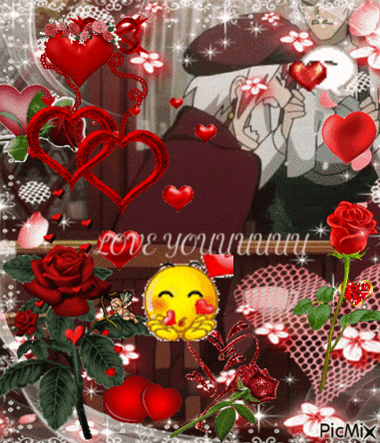 a picture of a man surrounded by hearts and roses with the words love you written in the corner