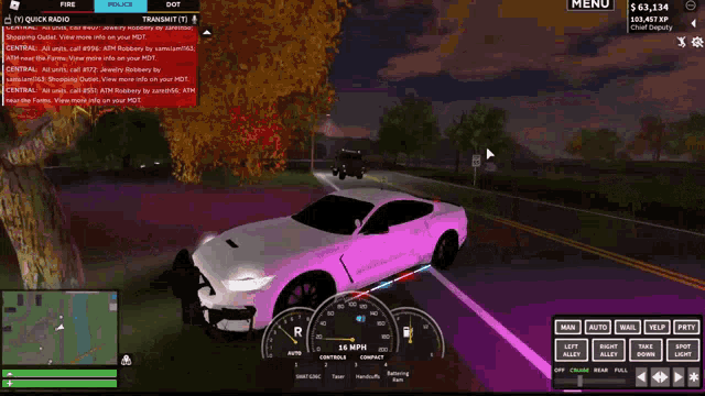 a pink car is driving down a road with a speedometer that reads 25 mph