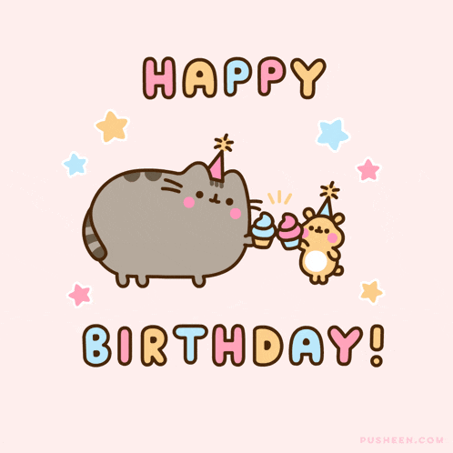 a happy birthday greeting card with a cat and hamster