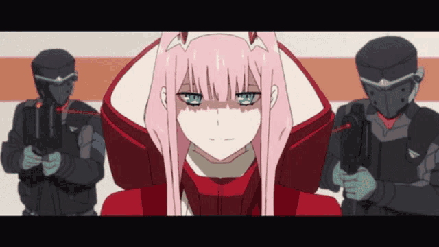 a girl with pink hair and blue eyes is standing in front of two soldiers