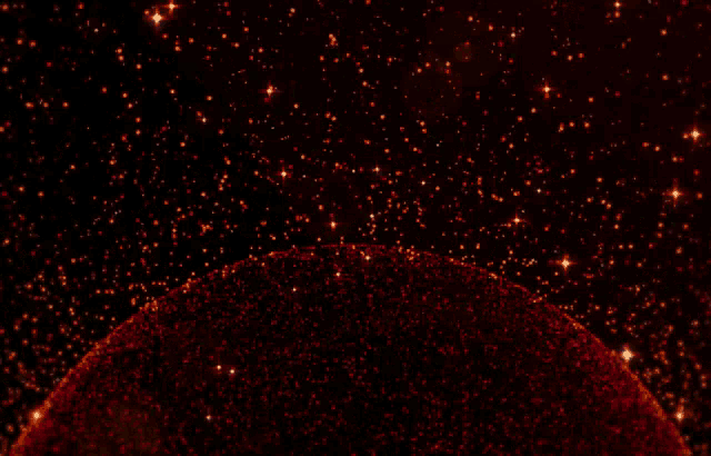 a red sphere is surrounded by red stars in a dark space