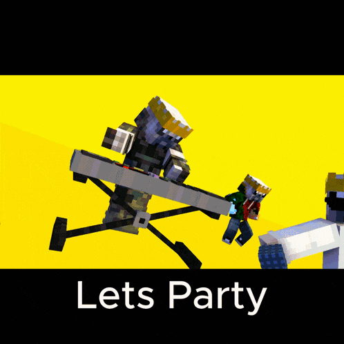 a minecraft character is playing a keyboard and singing into a microphone with the words lets party below it