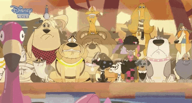 a group of cartoon dogs and cats are gathered together in a disney cartoon