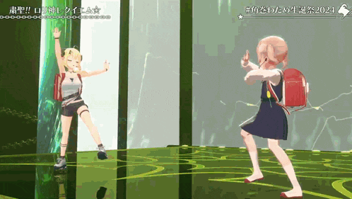 a girl with a red backpack is standing next to another girl in a video game scene