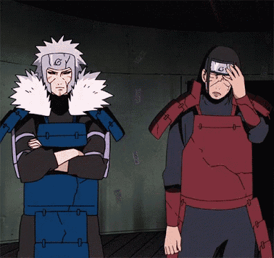 a cartoon drawing of two men standing next to each other with one covering his face with his hand