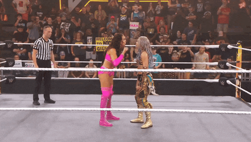 two women wrestling in a ring with a sign that says welcome to new giuli