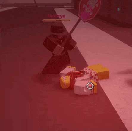 a video game character named nythrya is fighting another character on the sidewalk