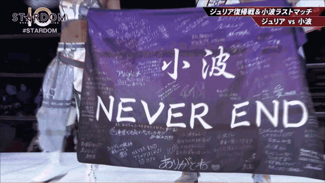 a person holding a banner that says never end on it